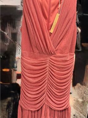 Badgley Mischka Shimmery Coral Ruched Midi Dress